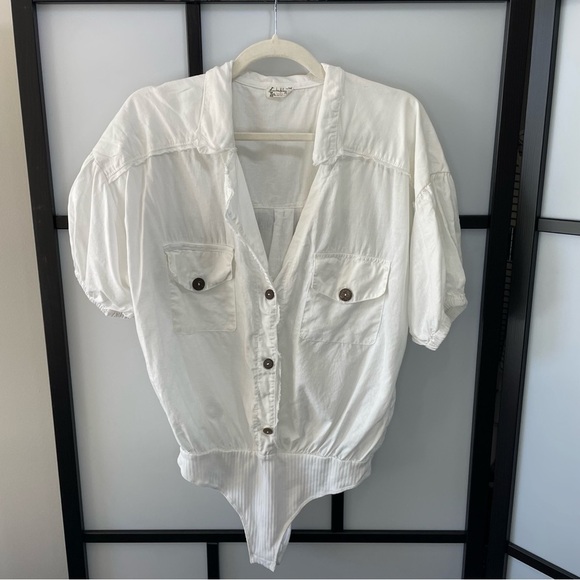 [m] Free People Boho White Brown Button Cotton Linen Blend Body Suit Women’s - Picture 2 of 13